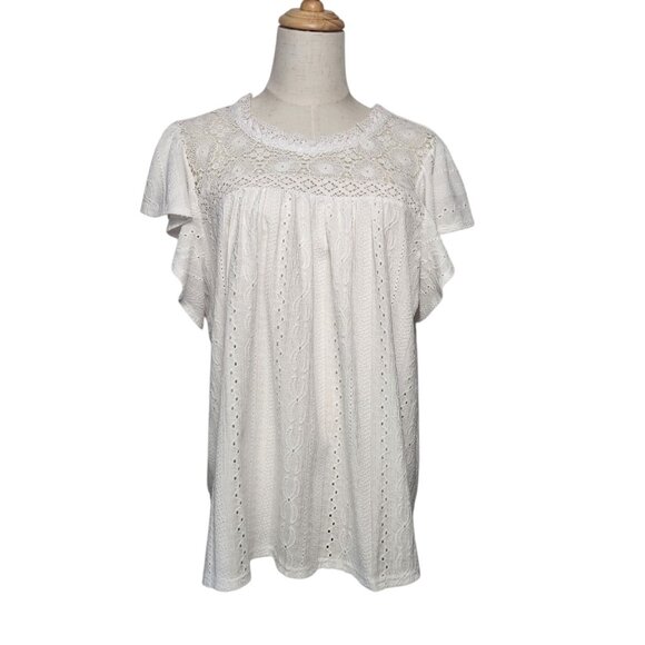 Cato Size XL Blouse Short Flutter Sleeve Eyelet Crochet White Cottage Coastal - Picture 2 of 8